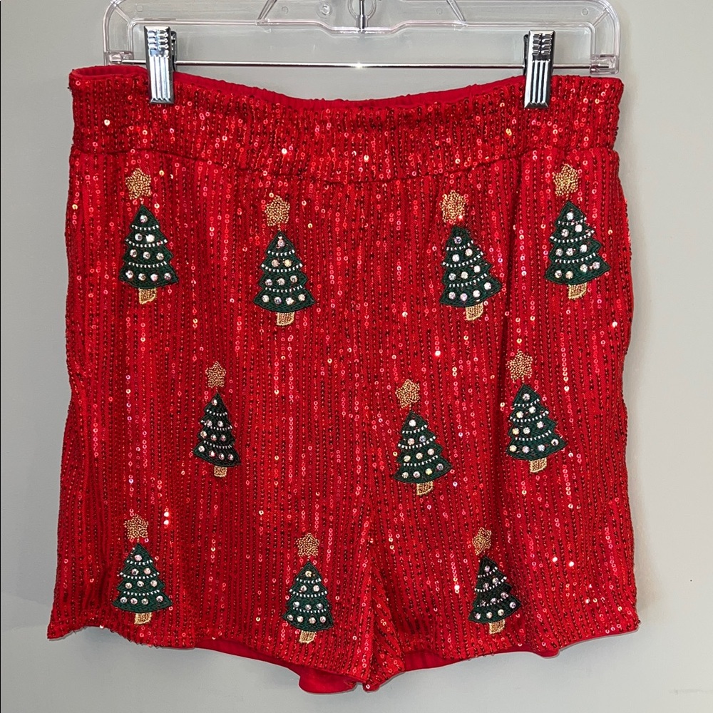 Festive Red Sequin Christmas Tree Shorts